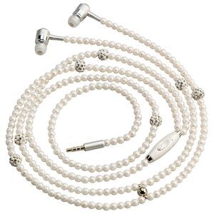 Earphones Earbuds Jeweled White Faux Pearl Rhinestone Accents 46-in Gift NEW